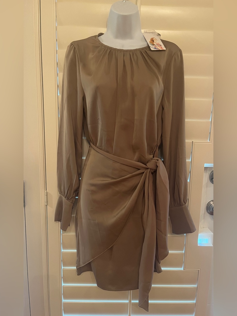 Long-Sleeve Taupe Wrap Tie Dress